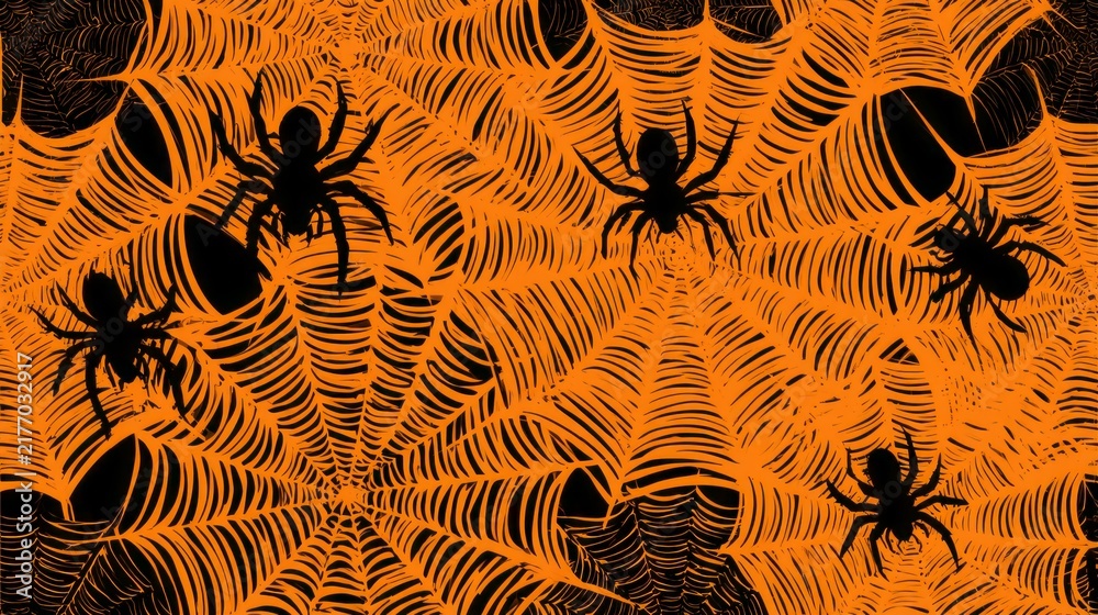 Halloween spider web seamless pattern in black and orange, spooky and eerie repeating vector background with intricate webs, creepy haunted atmosphere, gothic holiday design for wallpaper, fabric, wra