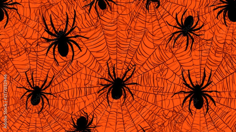 Halloween spider web seamless pattern in black and orange, spooky and eerie repeating vector background with intricate webs, creepy haunted atmosphere, gothic holiday design for wallpaper, fabric, wra