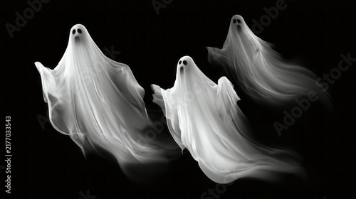 Fototapeta kuchenna Realistic halloween ghosts, 3d transparent white ghosts and scary ghoul spirits with spooky faces, flying phantom monsters and eerie nightmare shadows in fog, horror holiday background and supernatura