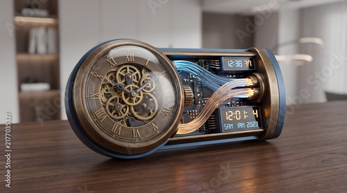Futuristic Steampunk Hybrid Clock with Analog Gears and Digital Display on Wooden Table