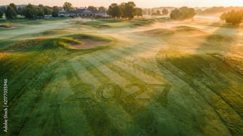 Aerial Drone View of Green Golf Course with Giant 2027 Turf Pattern at Sunrise