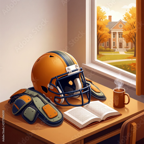 College football gear and open book on a desk in autumn setting  
