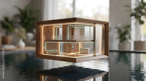 Futuristic Floating Wooden Architectural Room Concept Over Water with Neon Lights and Minimalist Design