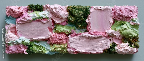 Textured Pink and Green Abstract Impasto Art