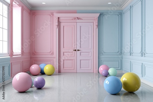 Pastel Colored Room with Spheres and Doors