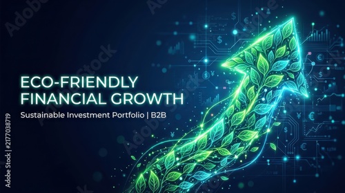 Ecofriendly financial growth with green leaf arrow and data