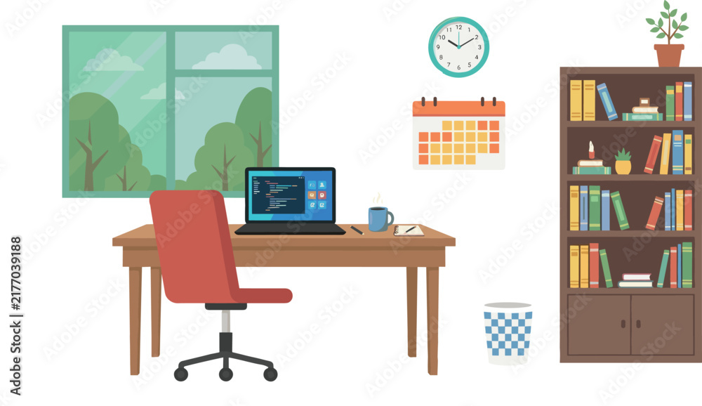 Naklejka premium Flat design style software developer office interior template featuring coding laptop table bookshelves wall clock calendar and potted plant