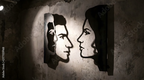 Creative Shadow Art Installation of Man and Woman Profile on Textured Grunge Wall