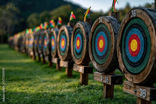 Row of Archery Targets on Green Field