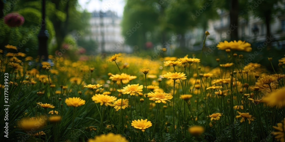 Obraz premium Autumn display of doronicum flowers in urban gardens and flower beds, showcasing garden design