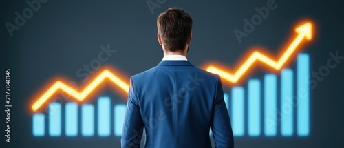 Confident business professional examining growth patterns alongside a bright portfolio for effective strategic insights