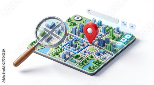 3D map, location pin, and magnifying glass representing location search, navigation, and digital mapping