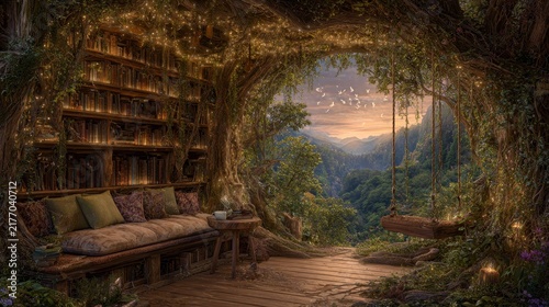 Fantasy tree library reading nook forest valley magical bookshelf swing fairy lights butterflies birds panoramic nature landscape golden light enchanted woodland storytelling atmosphere