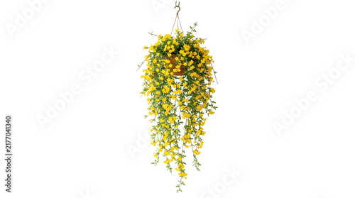 Hanging yellow flower basket with trailing green vines, vibrant floral plant in pot, decorative garden greenery on white background