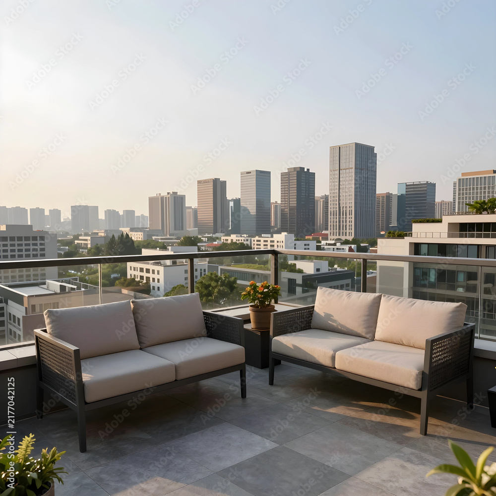 Obraz premium Urban lifestyle and luxury real estate, modern rooftop terrace with outdoor furniture overlooking a city skyline at sunset for high end living
