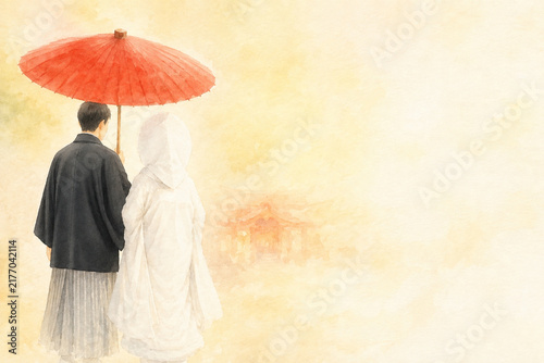 神社で赤い番傘を差す和装の新郎新婦の後ろ姿 やわらかい水彩イラスト コピースペース
