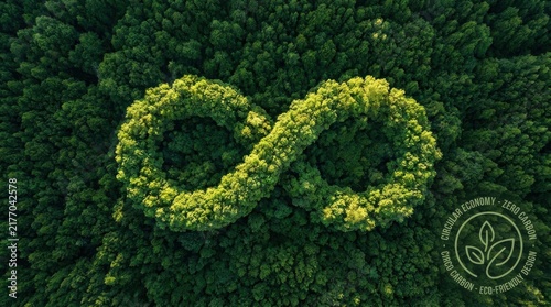 Aerial view of a dense green forest shaped like an infinity symbol