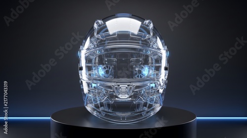 Futuristic transparent glass helmet on a pedestal with blue neon lighting in a dark studio setting