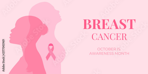 Breast cancer awareness month banner with pink women silhouette and ribbon type design