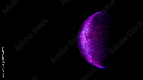 Foto A luminous purple and magenta sphere emerges against black, its surface dissolving into horizontal blue light streaks in an abstract digital composition