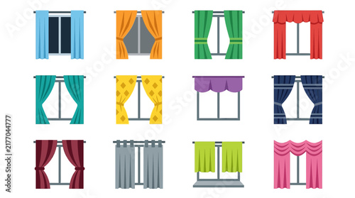 Set of colorful window curtains in flat vector style