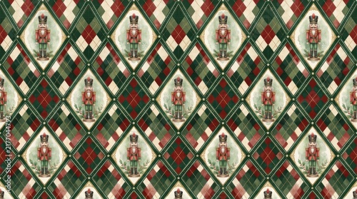 Seamless Christmas wrapping paper pattern with nutcrackers and argyle