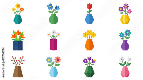 Set of Colorful Floral Vases Icons