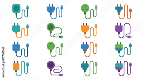 Set of Colorful Electrical Power Plug and Cable Icons