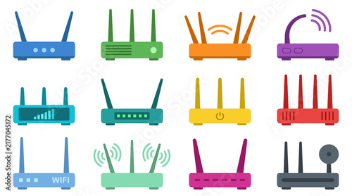 Set of colorful flat wireless internet router network icons