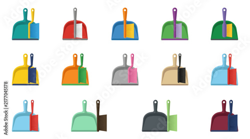 Set of colorful dustpan and broom vector icons