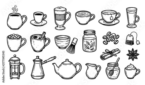 Cozy Cafe Coffee Tea Cocoa Hand Drawn Doodle Black White Vector Set
