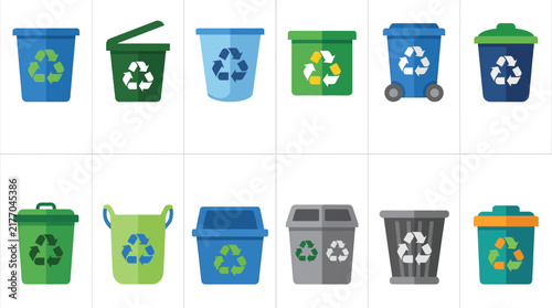 Set of Flat Vector Recycling Bins and Waste Containers