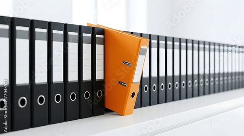 Orange binder stands out from black binders on shelf, symbolizing individuality and uniqueness