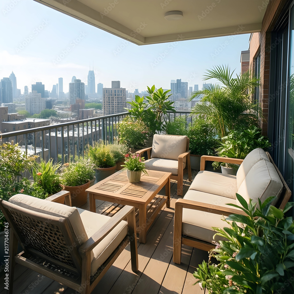 Obraz premium Urban lifestyle and city living, modern apartment balcony with outdoor furniture and potted plants overlooking a metropolitan skyline at daytime