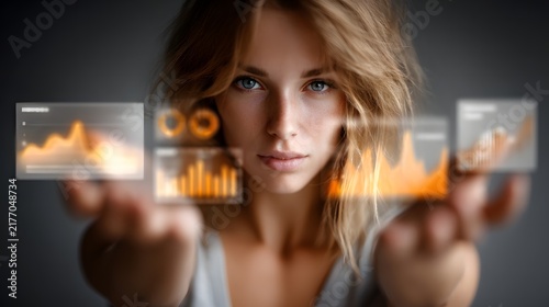 Focused professional looking woman examining digital data analytics and information on a high tech futuristic interface screen