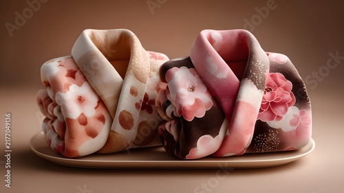 Elaborately decorated pastries with a floral motif served on a neutral colored plate against a warm brown background