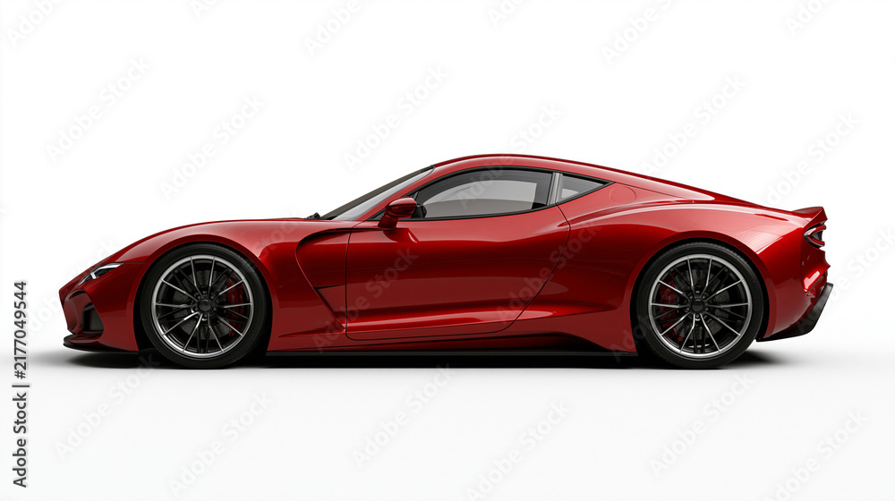 Fototapeta premium A sleek modern red sports car parked in profile view, isolated on white background. Automotive design concept for luxury car advertising.
