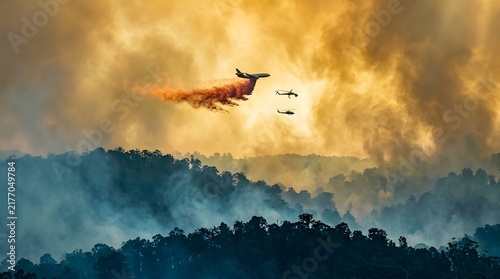 Obraz na płótnie Dramatic Firefighting Airplanes Over Smoke Filled Forest