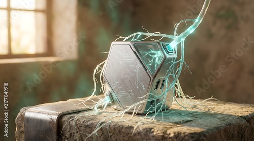 Futuristic Hexagonal Device with Glowing Neural Fibers on Stone Surface, Biotechnology and AI Concept