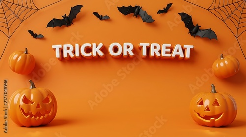 Trick or treat text with carved pumpkins and flying bats on an orange background for halloween celebration