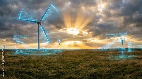 Futuristic wind turbine with digital monitoring overlay in a green field