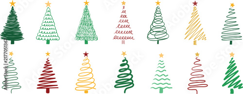 Christmas tree hand drawn vector set, cute scribble and swirl pine tree doodles with stars isolated on a white for holiday design