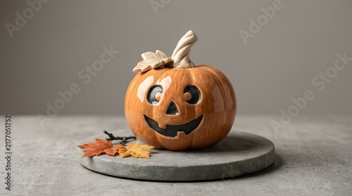 A cute halloween pumpkin with a happy carved face sitting on a stone plate with autumn leaves for decoration