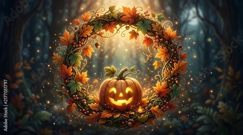 A cute halloween pumpkin sits centered inside a glowing autumn wreath surrounded by magical forest leaves and soft lights