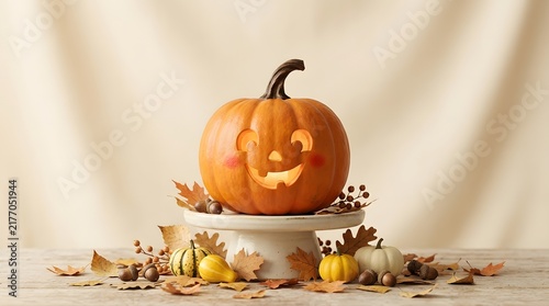 A charming and delightful halloween pumpkin radiating warmth and seasonal joy sits amidst a festive and colorful assortment of treats and decorations