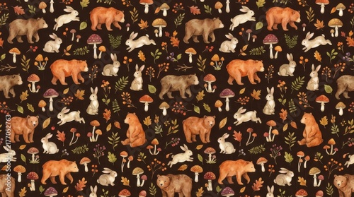 Seamless pattern with watercolor woodland animals bears rabbits and mushrooms