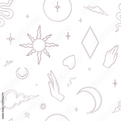 Seamless pattern with line art esoteric elements on white background. Hand drawn mystical celestial sun, moon, snake, hands. Minimalist boho magic texture for wrapping paper, fabrics, stationery
