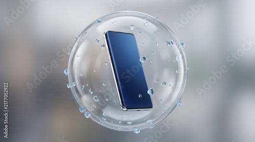 Modern smartphone protected inside a transparent water bubble with droplets, representing waterproof technology