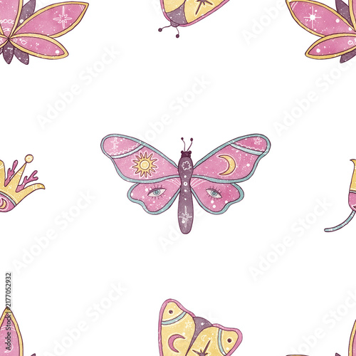 Esoteric seamless pattern with mystical pink boho butterfly, sacred lotus flowers and celestial elements isolated on white background. Watercolor illustrations for textile, wrapping and witchy prints