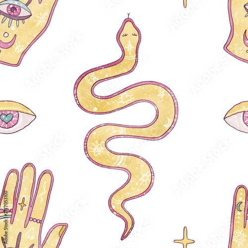 Watercolor mystical seamless pattern with esoteric magic snake, hamsa hand with eye, celestial stars. Hand drawn illustrations Cute girly background isolated on white. For stationery, tarot design